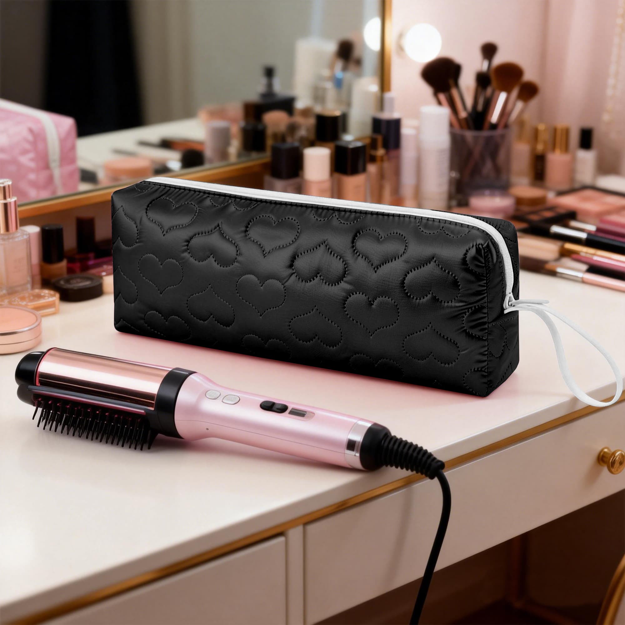 ReignSword Heat Resistant Hair Tools Travel Bag, Portable Storage Case Pouch with Heart Pattern for Curling Irons, Flat Irons, Hair Straighteners and Accessories (Black) - 6
