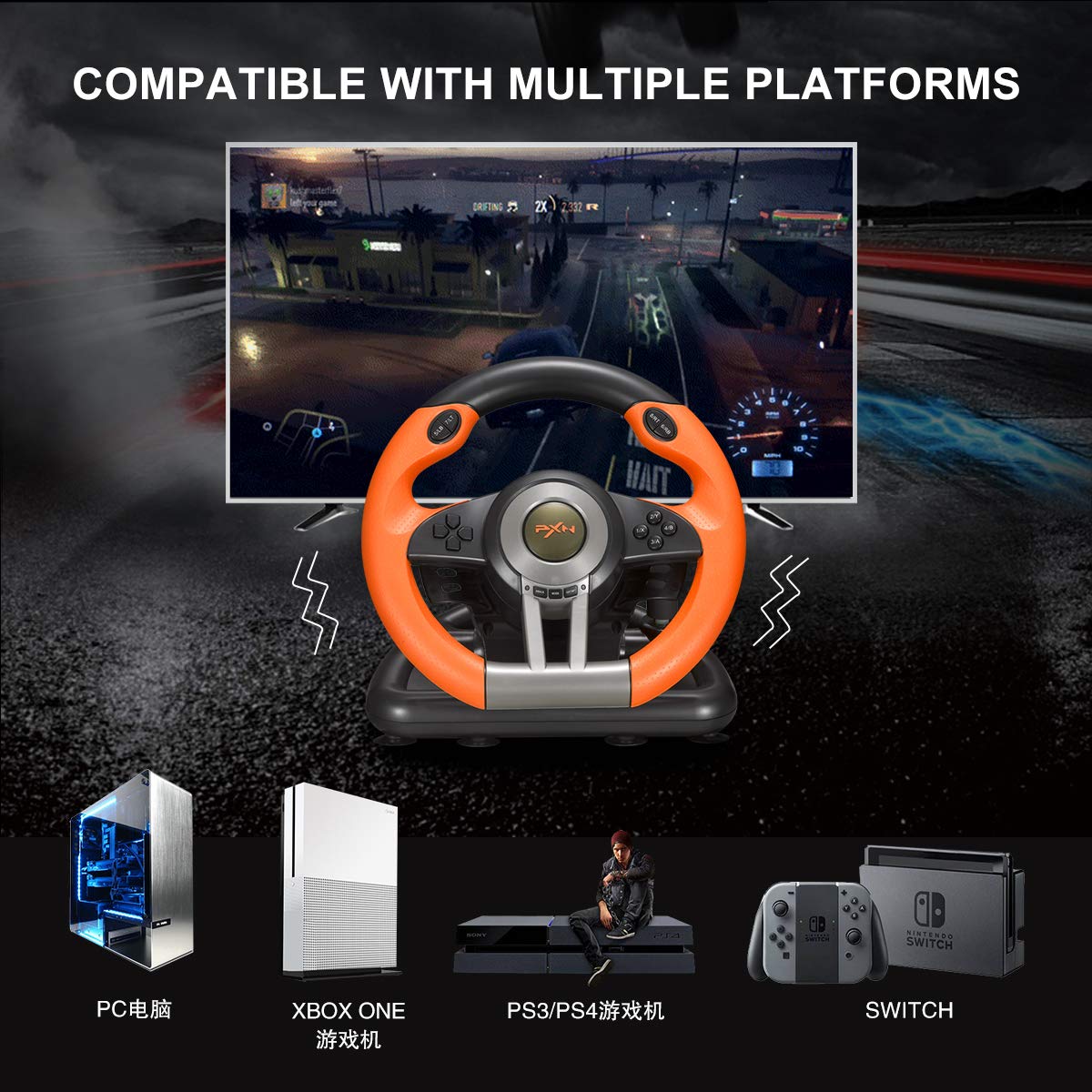 PXN Xbox Steering Wheel V3II 180° PC Gaming Racing Wheel Driving Wheel, with Linear Pedals and Racing Paddles for PC, PS4, Xbox One, Xbox Series X|S, Nintendo Switch - Orange