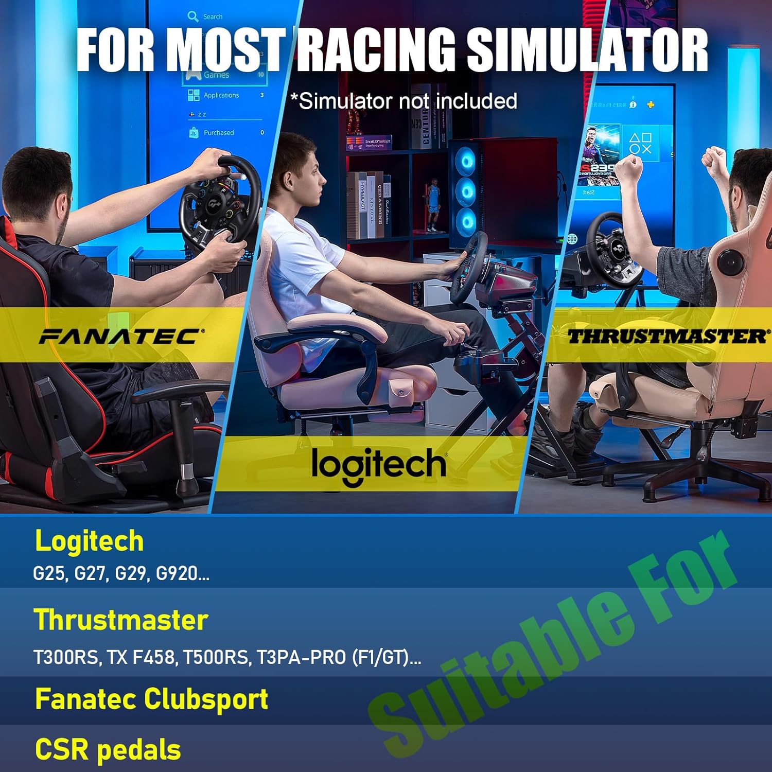 GTPLAYER sim racing simulator cockpit wheel stand Racing Steering Shifter Mount fit for Logitech G25 G27 G29 G920 Thrustmaster T330TS Gaming Stand Wheel Pedals NOT Included, Black